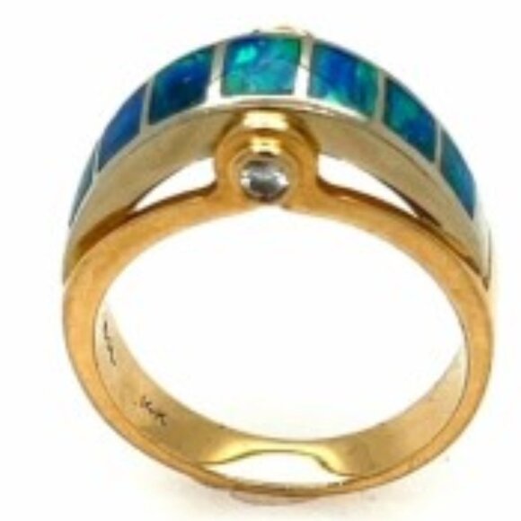 Diamond Opal 14K Jewelry - 14K  Opal  Diamond Yellow Gold Dome  Size 7. 3/4  Stunning Turquoise Blue Ring